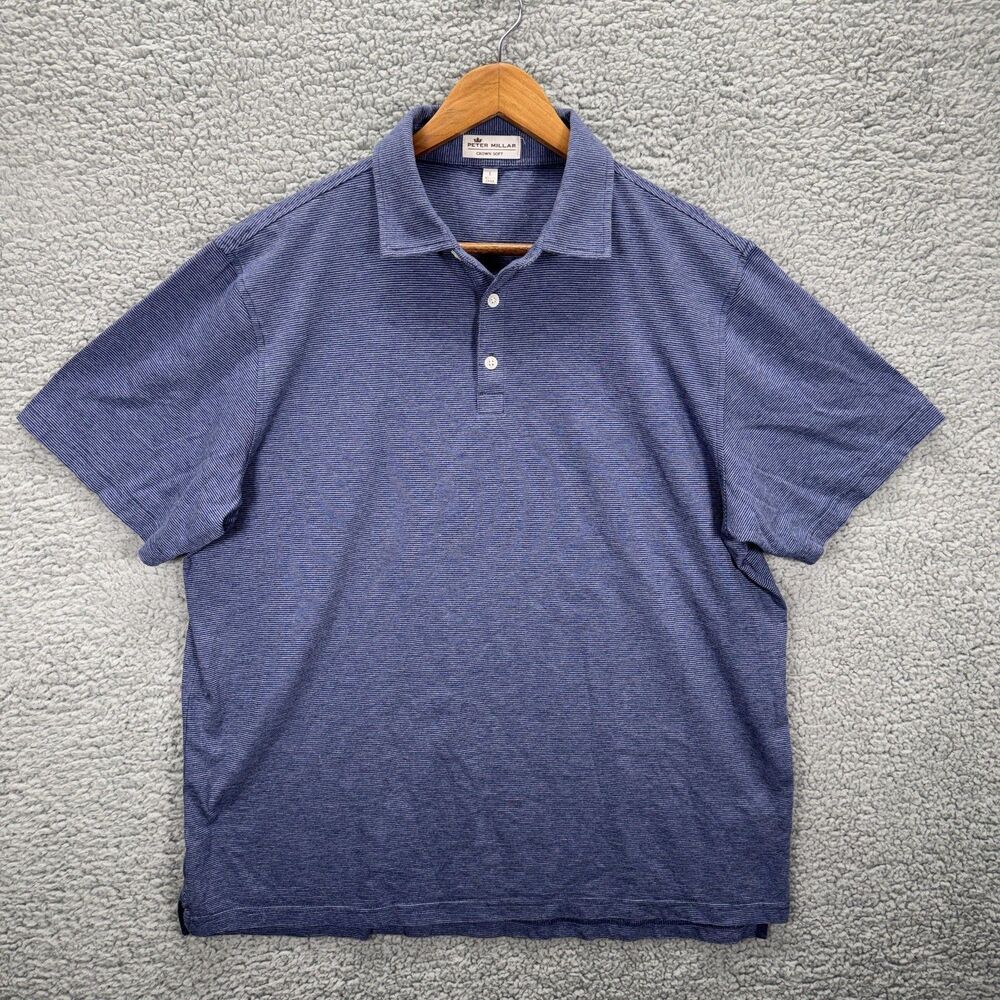 Peter Millar Crown Soft Polo Shirt Mens Large Blue Striped Cotton Silk Blend